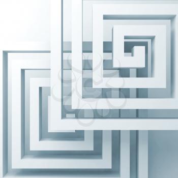 Abstract square white spirals over light blue background, 3d render illustration