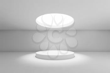 Abstract white minimal interior background, showroom with round ceiling light and table under it. Front view. 3d render illustration