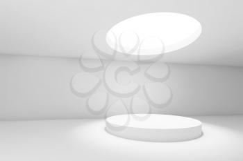 Abstract white minimal interior background, showroom with round ceiling light and table. 3d render illustration