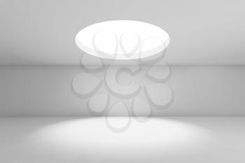 Abstract white empty interior background, wide showroom with round ceiling light window. Front view. 3d render illustration