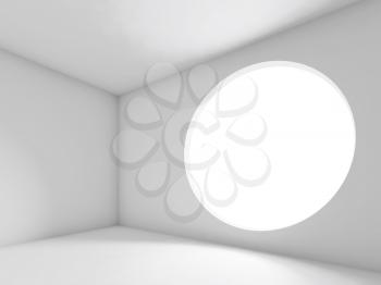 Abstract white interior, empty room with round window. Background, 3d illustration