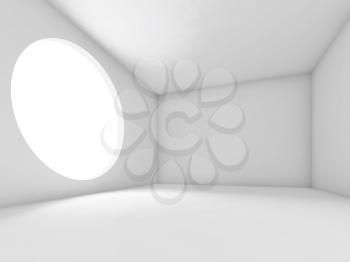 Abstract white interior, empty room with large round light window in wall. Background, 3d illustration