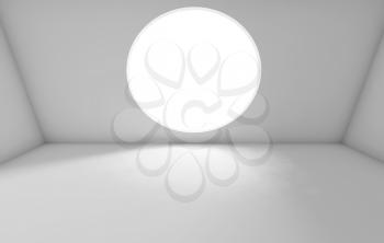 Abstract white interior background, empty room with round window in front wall. 3d render illustration