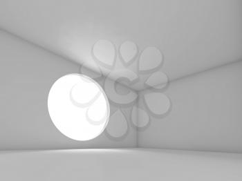 Abstract white interior background, empty room with round light window. 3d render illustration