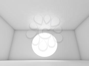 Abstract white interior background, empty room with round light window in front wall. 3d render illustration