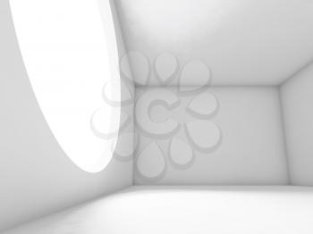 Abstract white interior background, empty room with large round light window in wall. 3d render illustration