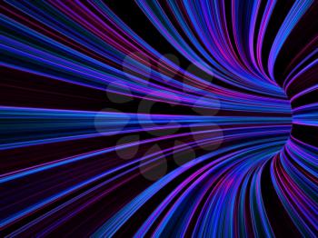Abstract colorful digital background, empty bent tunnel ob blue purple lines, 3d illustration
