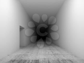Abstract empty white interior background, corridor with concrete flooring, doorway and dark end. 3d render illustration 