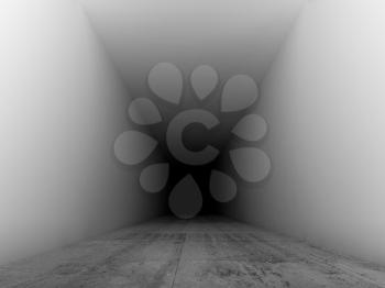 Abstract empty white interior background, long corridor with concrete flooring and dark end. 3d render illustration 