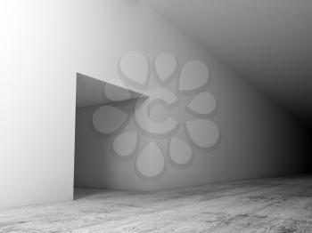 Abstract white interior background, corridor with concrete flooring, doorway niche and dark end. 3d render illustration 