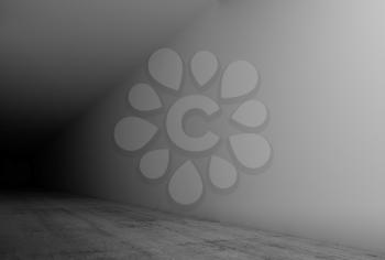 Abstract empty white interior background, long corridor with concrete flooring and dark end. 3d illustration 