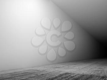 Abstract empty interior background, white corridor with concrete flooring and dark end. 3d illustration 