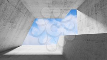 Empty white concrete interior with blue cloudy sky in window. Modern minimalist architecture background, 3d render illustration