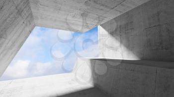 White concrete interior with blue cloudy sky in window. Modern minimalist architecture background, 3d render illustration