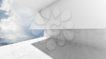 Empty white concrete interior with clouds behind the window. Modern minimalist architecture background, 3d render illustration