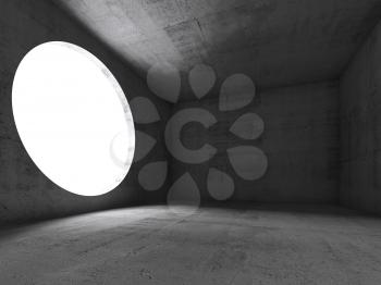 Abstract dark concrete interior, empty room with round window. 3d illustration