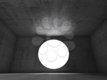 Abstract dark concrete interior background, empty room with round light window. 3d render