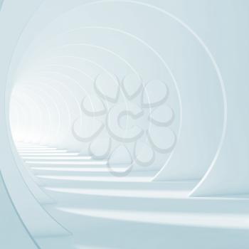 Abstract blue white corridor with round sections. Minimal architecture background. Square 3d illustration