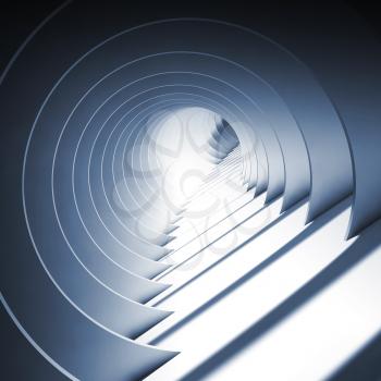 Abstract round blue tunnel with glowing end, modern cg background wallpaper. 3d render illustration