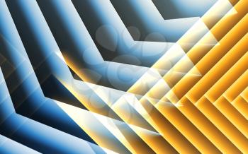 Abstract blue yellow cg background, geometric pattern of glowing stripes. 3d illustration
