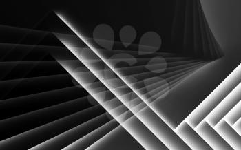 Abstract black and white cg background, geometric pattern of glowing layers. 3d render illustration