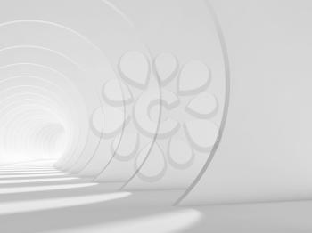 Abstract empty white tunnel with glowing end, architectural background. 3d illustration