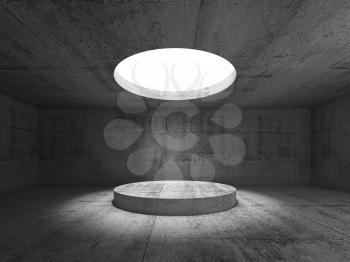 Abstract dark concrete interior, showroom with round ceiling light and podium. 3d illustration