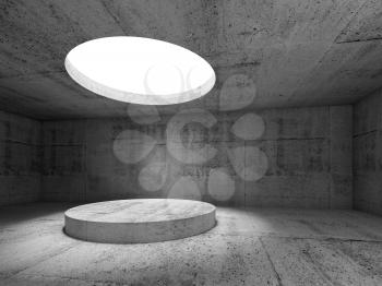 Abstract empty dark concrete interior, showroom with round ceiling light and stage. 3d illustration