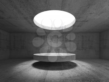 Abstract empty concrete interior, showroom with round ceiling light and stage under it. 3d illustration