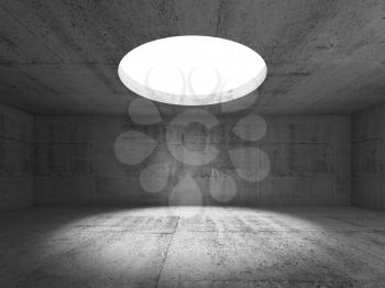 Abstract empty dark concrete interior, showroom with round ceiling light window. 3d render illustration