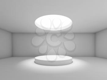 Abstract empty interior, showroom with round ceiling light and stage under it. 3d render illustration