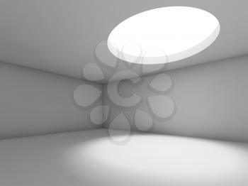 Abstract empty interior background, white showroom with round ceiling light window. 3d render illustration
