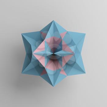 Abstract blue star object with pink polygons over light gray background, 3d render illustration