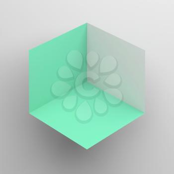 Abstract cubical object with green sides over white background, 3d render illustration