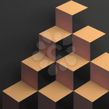 Abstract yellow cubical structures over dark gray background, 3d render illustration