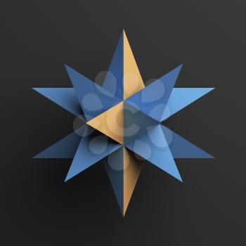 Abstract blue star object with yellow polygons over dark gray background, 3d render illustration