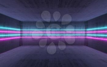 Abstract dark concrete interior background with colorful horizontal neon light lines, 3d render illustration