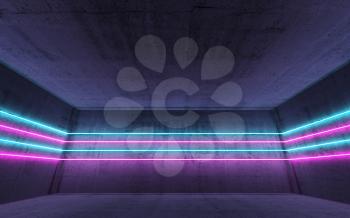 Abstract dark concrete interior background with colorful neon light lines, 3d render illustration