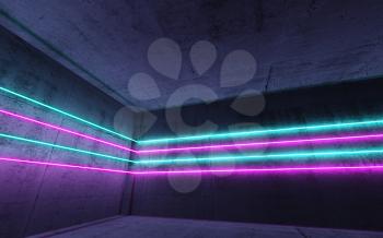 Corner of an abstract dark concrete interior with colorful neon light lines, 3d render illustration
