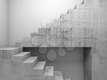 Concrete stairway installation in empty white room, abstract architectural background, 3d render illustration