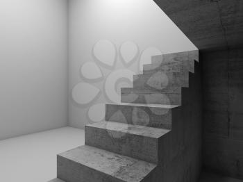 Under concrete stairway in an empty white room, abstract architectural background, 3d render illustration