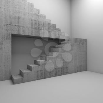 Concrete stairway installation in empty white room, abstract architectural background, 3d render illustration