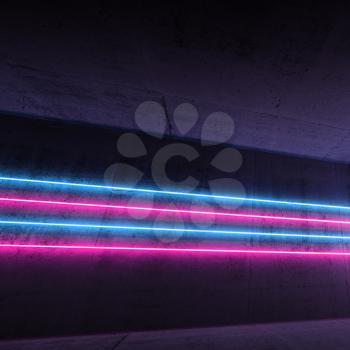 Abstract dark concrete interior, square background with colorful neon light lines, 3d render illustration