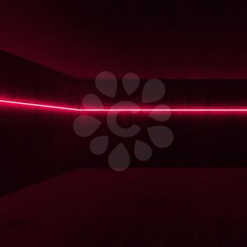 Abstract empty dark concrete interior with red neon light line, 3d render illustration