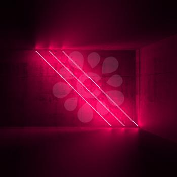 Abstract empty dark concrete interior with three diagonal red neon lights, 3d render illustration