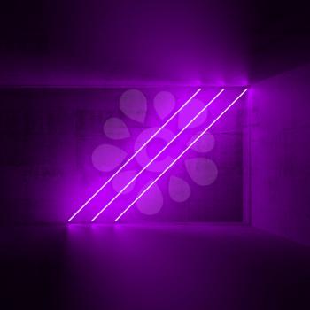 Abstract empty dark concrete interior with three diagonal purple neon lights, 3d render illustration