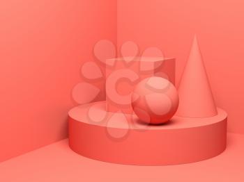 Abstract colorful digital still life with primitive geometric shapes standing on cillyndrical podium. 3d render illustration