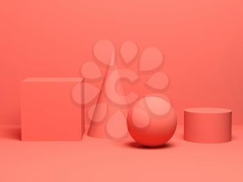 Abstract colorful digital still life with primitive geometric shapes. 3d render illustration