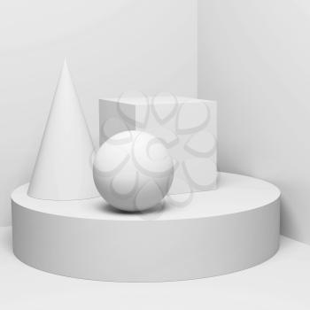 Abstract still life installation with white geometric shapes. Square 3d render illustration