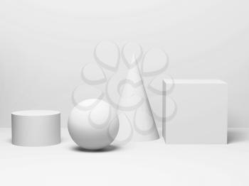 Abstract classical still life installation with white primitive geometric shapes in a row. 3d render illustration